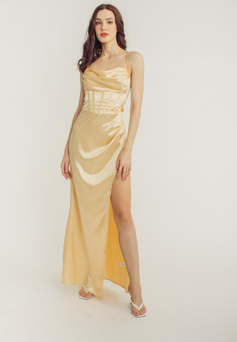 Rosie Cream Satin Corset Cowl Neckline with High Slit Maxi Dress