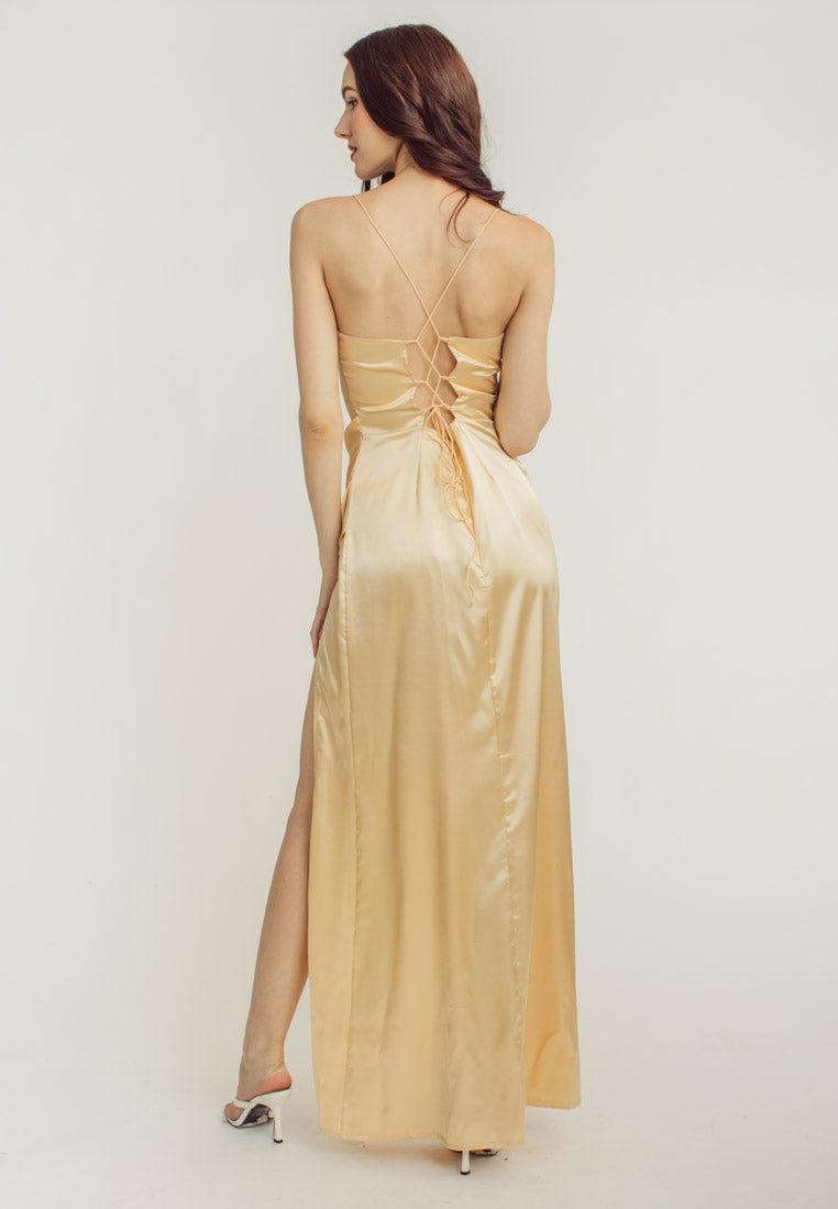 Rosie Cream Satin Corset Cowl Neckline with High Slit Maxi Dress