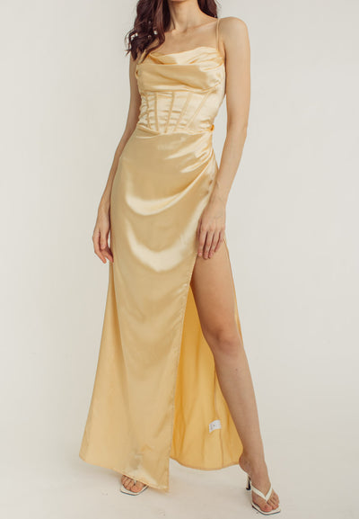 Rosie Cream Satin Corset Cowl Neckline with High Slit Maxi Dress