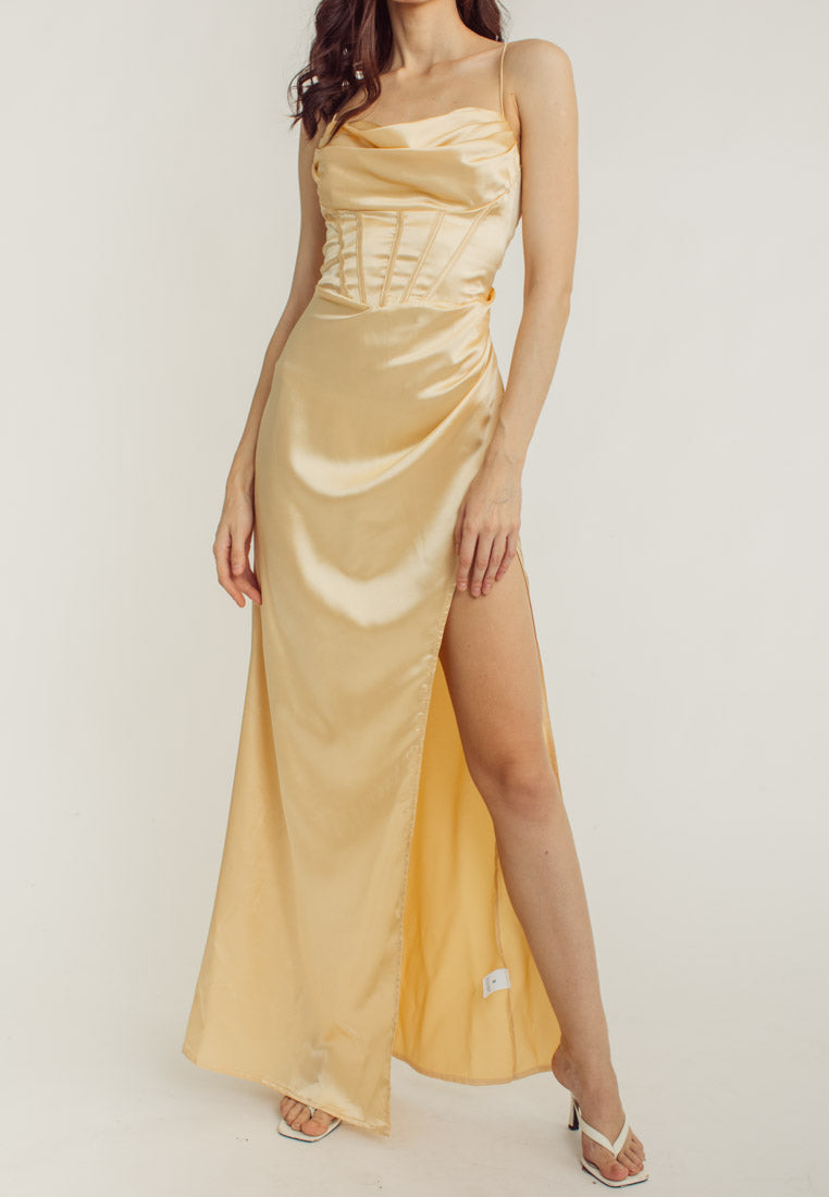 Rosie Cream Satin Corset Cowl Neckline with High Slit Maxi Dress