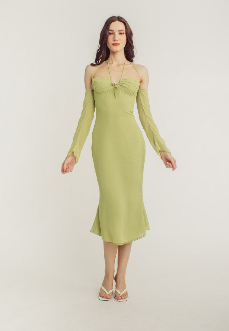 Sanya Green Thin Neck Strap Off Shoulder Long Sleeves Midi Dress