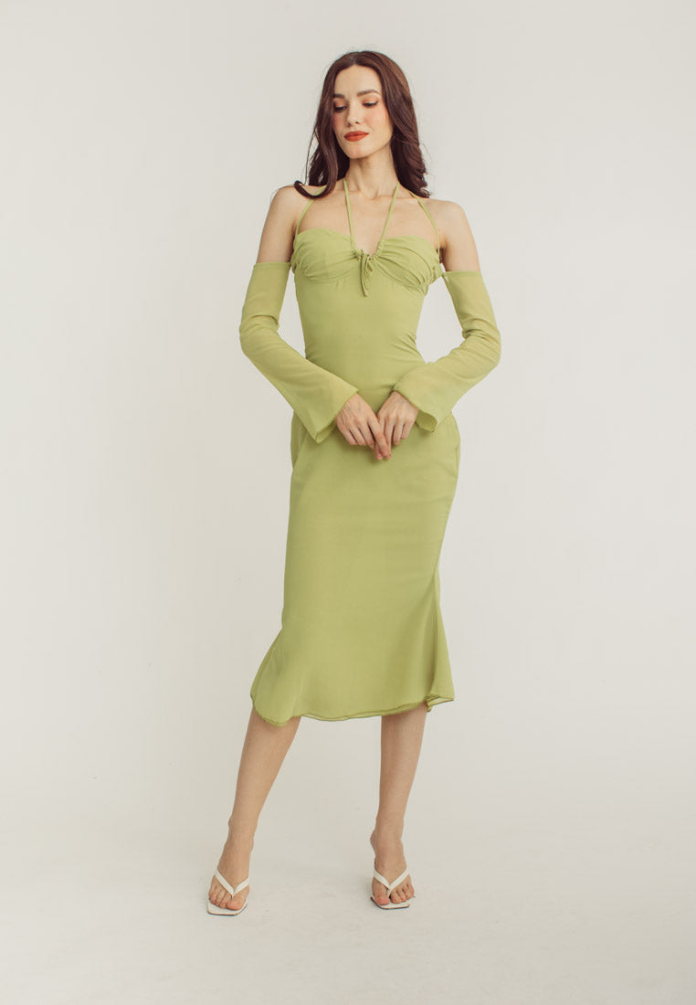 Sanya Green Thin Neck Strap Off Shoulder Long Sleeves Midi Dress