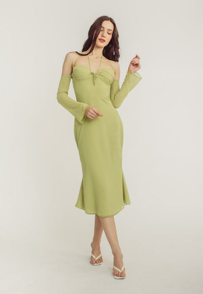 Sanya Green Thin Neck Strap Off Shoulder Long Sleeves Midi Dress