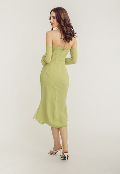 Sanya Green Thin Neck Strap Off Shoulder Long Sleeves Midi Dress