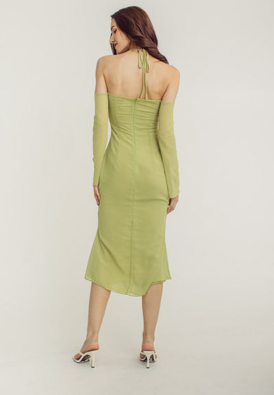 Sanya Green Thin Neck Strap Off Shoulder Long Sleeves Midi Dress