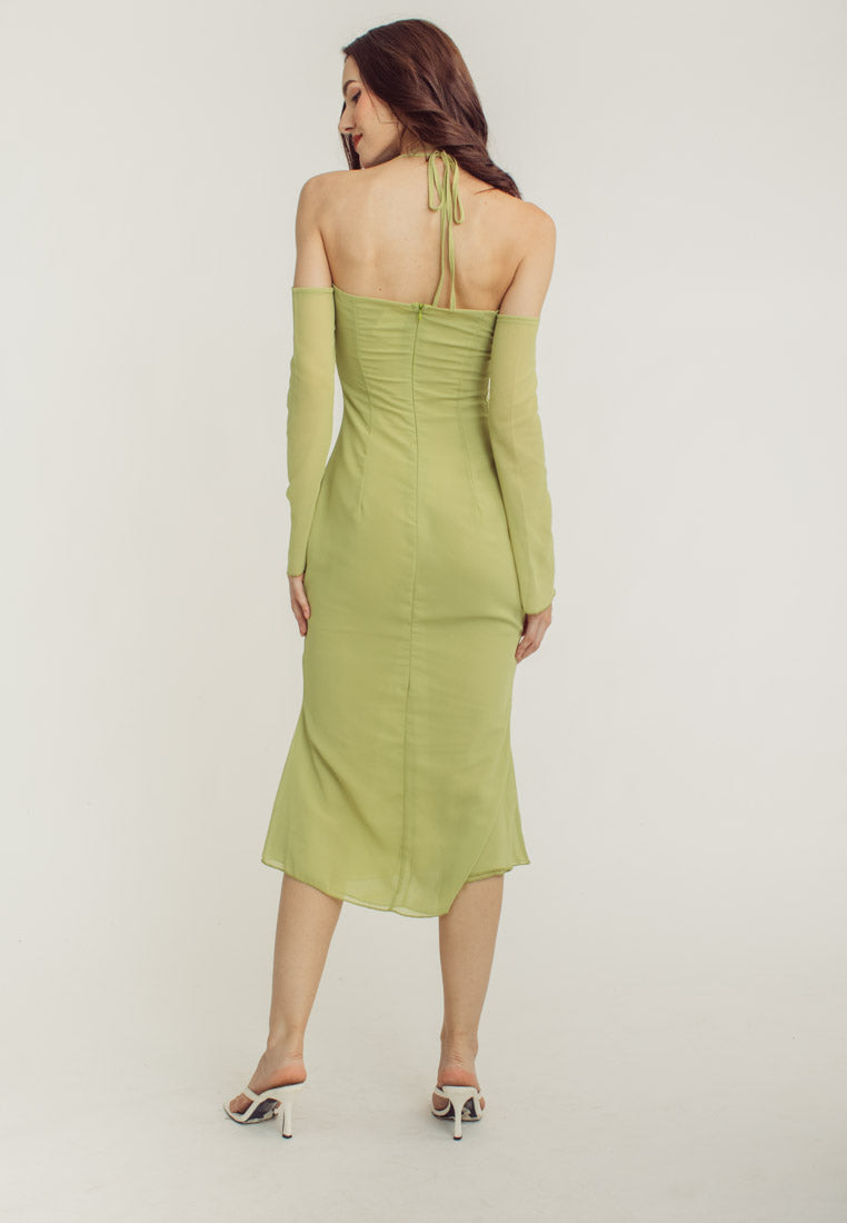 Sanya Green Thin Neck Strap Off Shoulder Long Sleeves Midi Dress