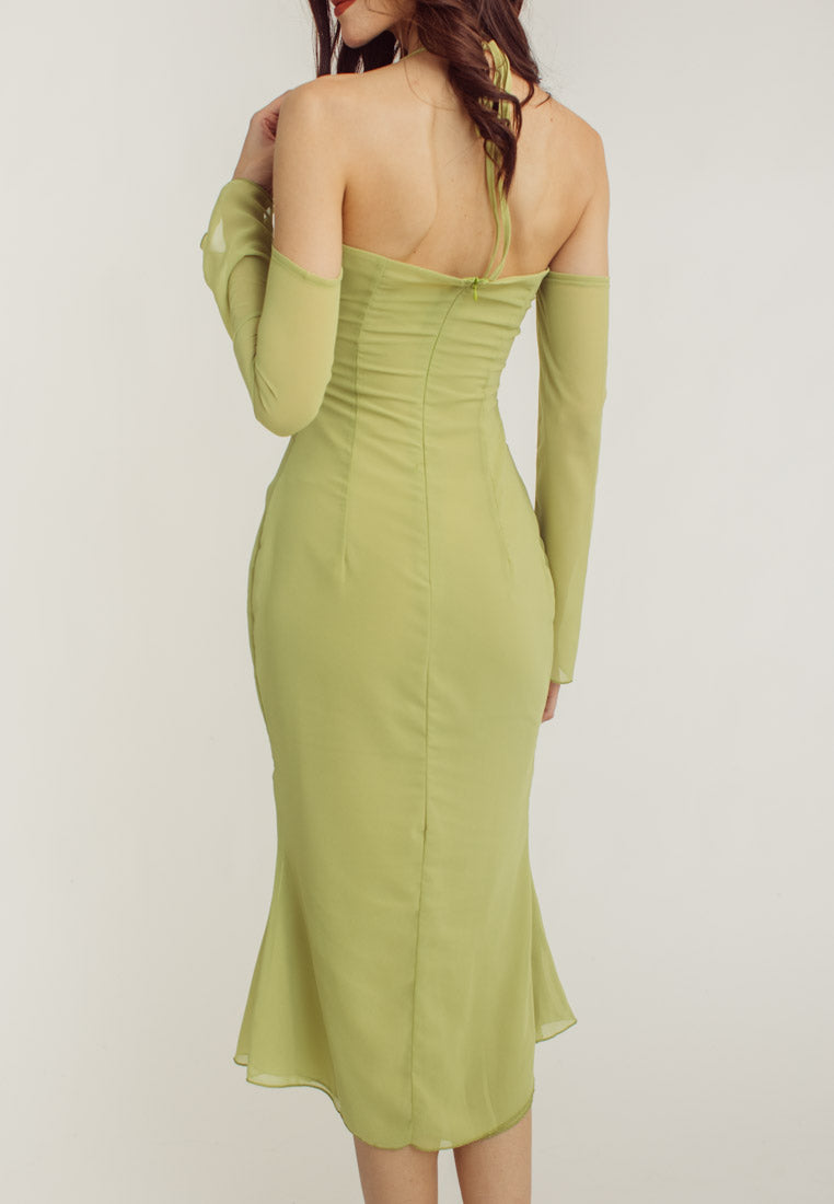 Sanya Green Thin Neck Strap Off Shoulder Long Sleeves Midi Dress