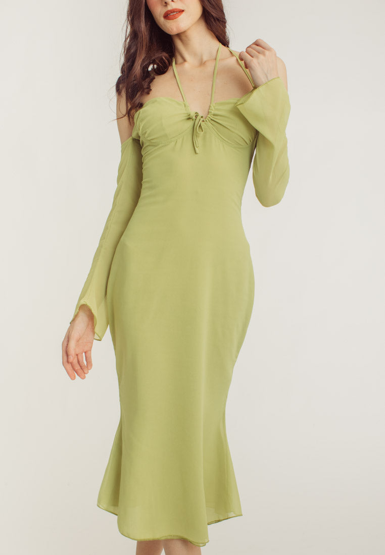 Sanya Green Thin Neck Strap Off Shoulder Long Sleeves Midi Dress