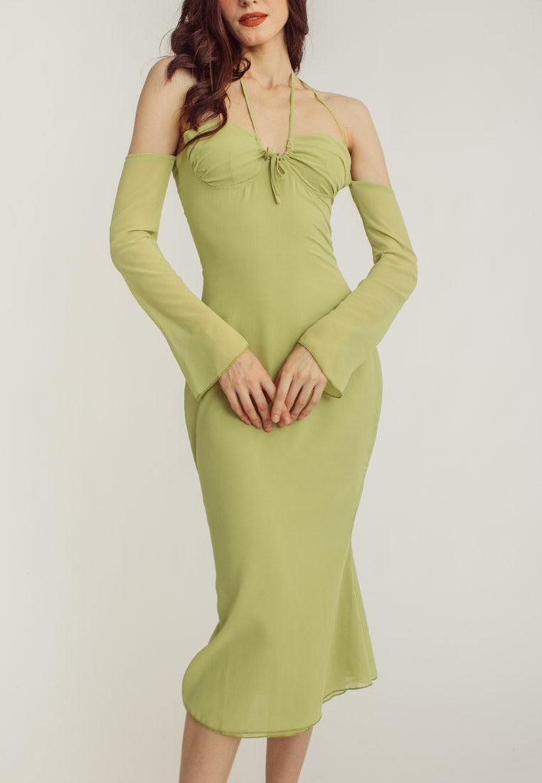 Sanya Green Thin Neck Strap Off Shoulder Long Sleeves Midi Dress