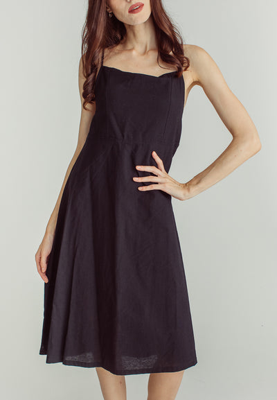 Nanny Black LInen  Sleeveless Open Back Mini Dress