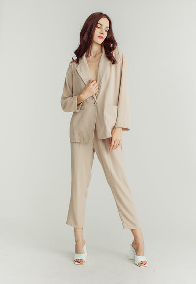 Janela Beige Deep V Neckline and Straight Cut Trouser Set