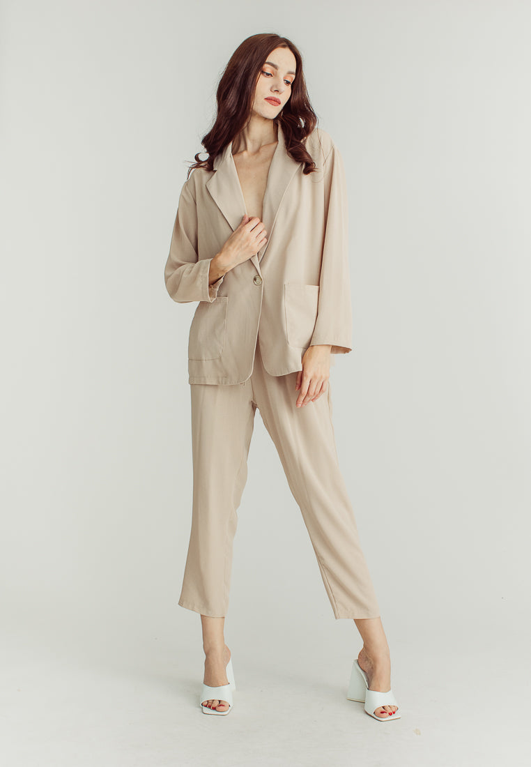 Janela Beige Deep V Neckline and Straight Cut Trouser Set