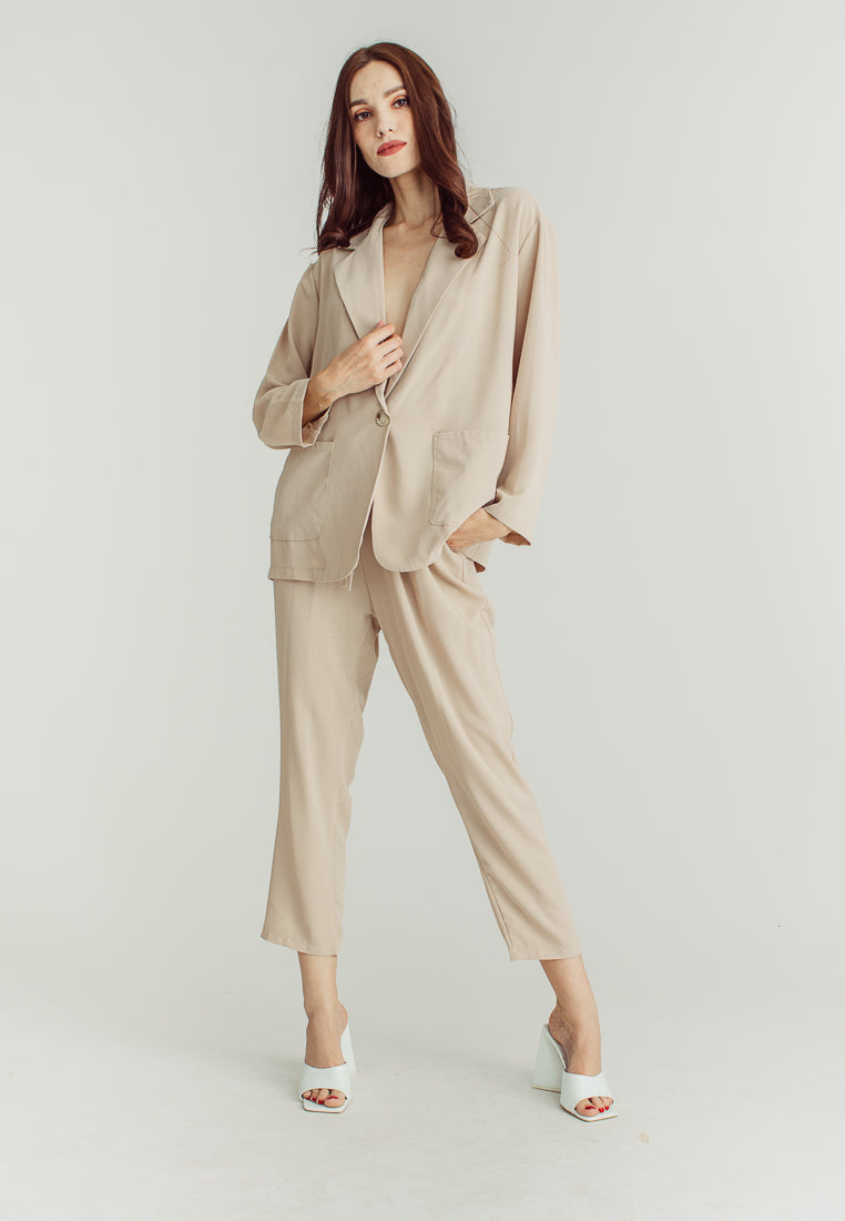 Janela Beige Deep V Neckline and Straight Cut Trouser Set