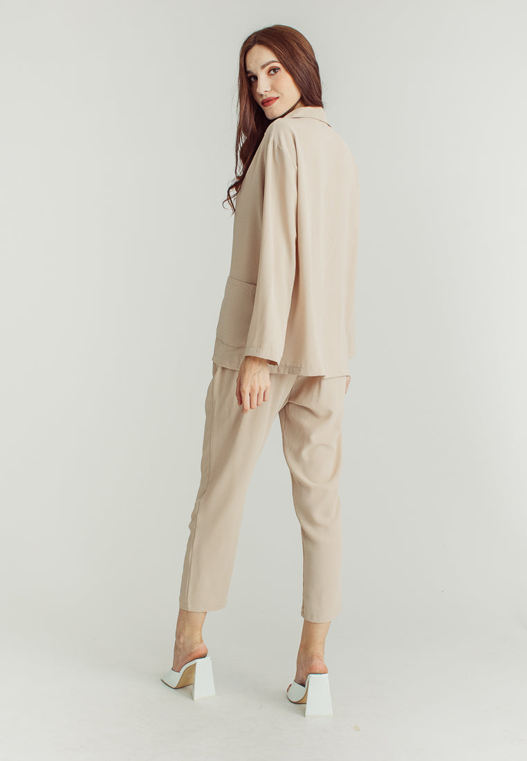 Janela Beige Deep V Neckline and Straight Cut Trouser Set