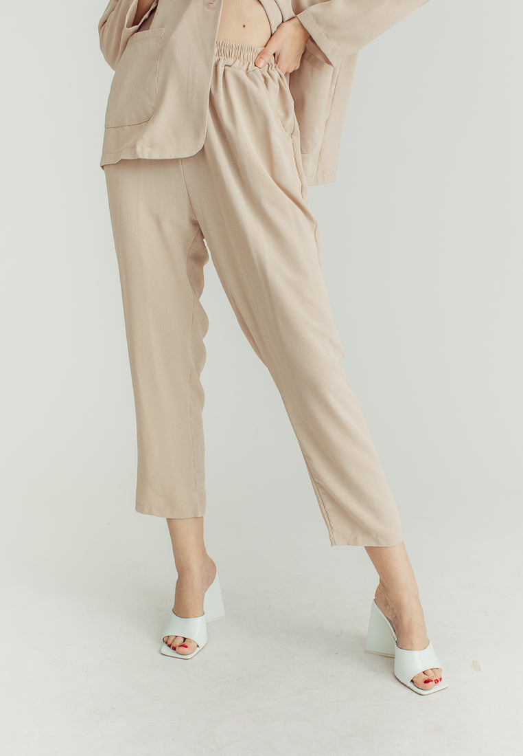Janela Beige Deep V Neckline and Straight Cut Trouser Set