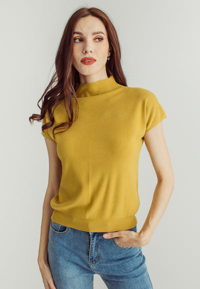 Leila Mustard Knitted Turtle Neck Sleeveless Top