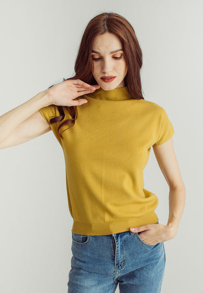 Leila Mustard Knitted Turtle Neck Sleeveless Top