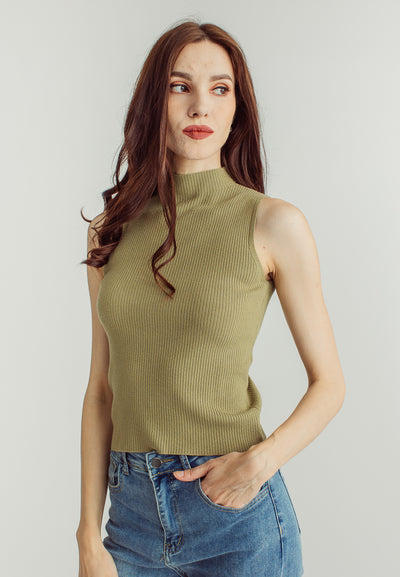 Sophie Army Green Turtle Neck Sleeveless Knitted Top