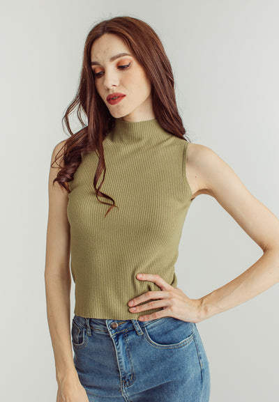 Sophie Army Green Turtle Neck Sleeveless Knitted Top