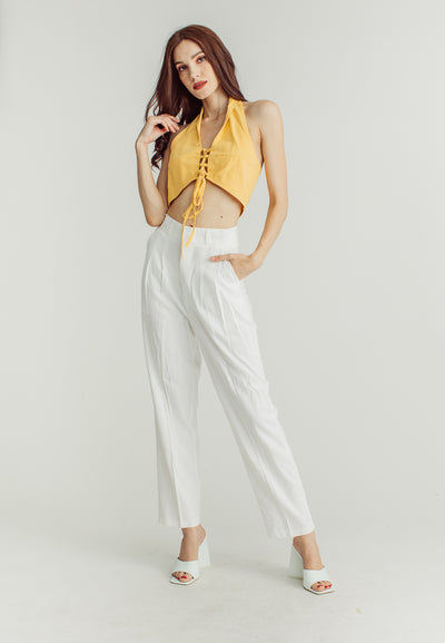 Hapi Yellow Linen Crisscross Open Back Halter Top