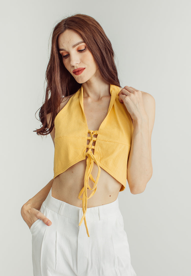 Hapi Yellow Linen Crisscross Open Back Halter Top