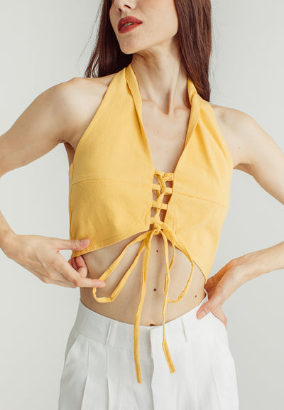 Hapi Yellow Linen Crisscross Open Back Halter Top