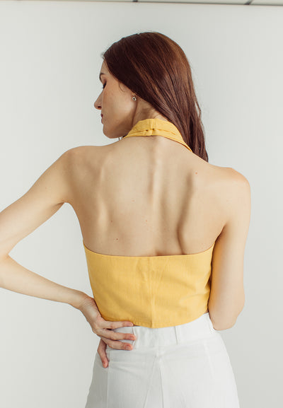 Hapi Yellow Linen Crisscross Open Back Halter Top