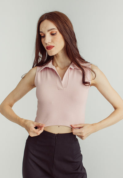 Sevie Pink Knitted with Collar Sleeveless Top