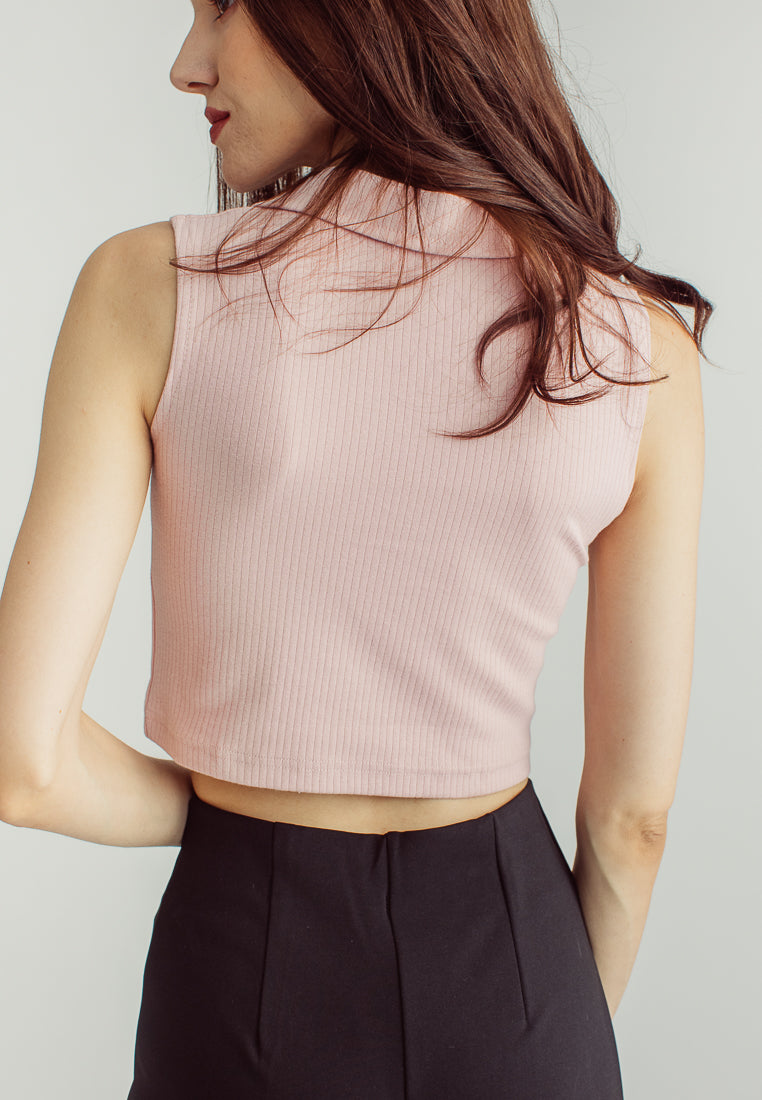 Sevie Pink Knitted with Collar Sleeveless Top