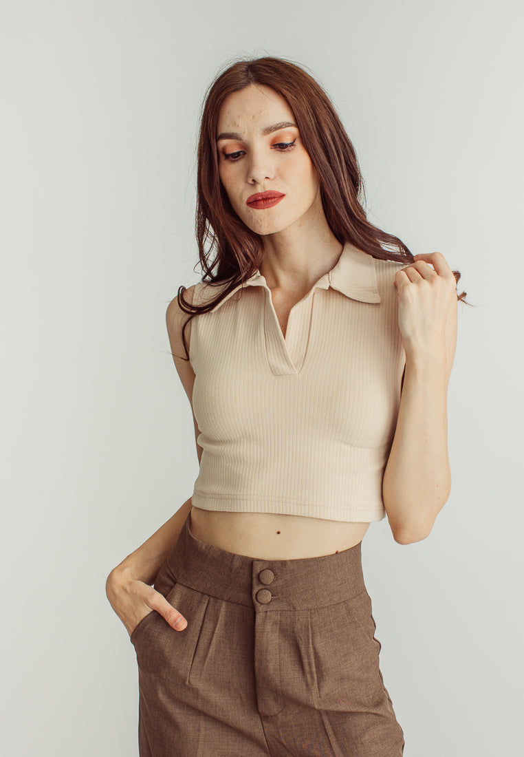 Sevie Beige Knitted with Collar Sleeveless Top