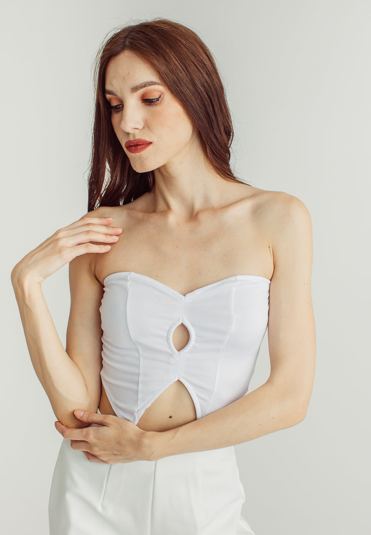 Maya White Front Reveal Cut Strapless Tube Crop Top