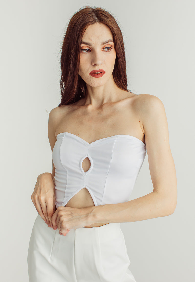 Maya White Front Reveal Cut Strapless Tube Crop Top