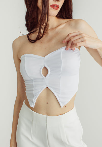 Maya White Front Reveal Cut Strapless Tube Crop Top