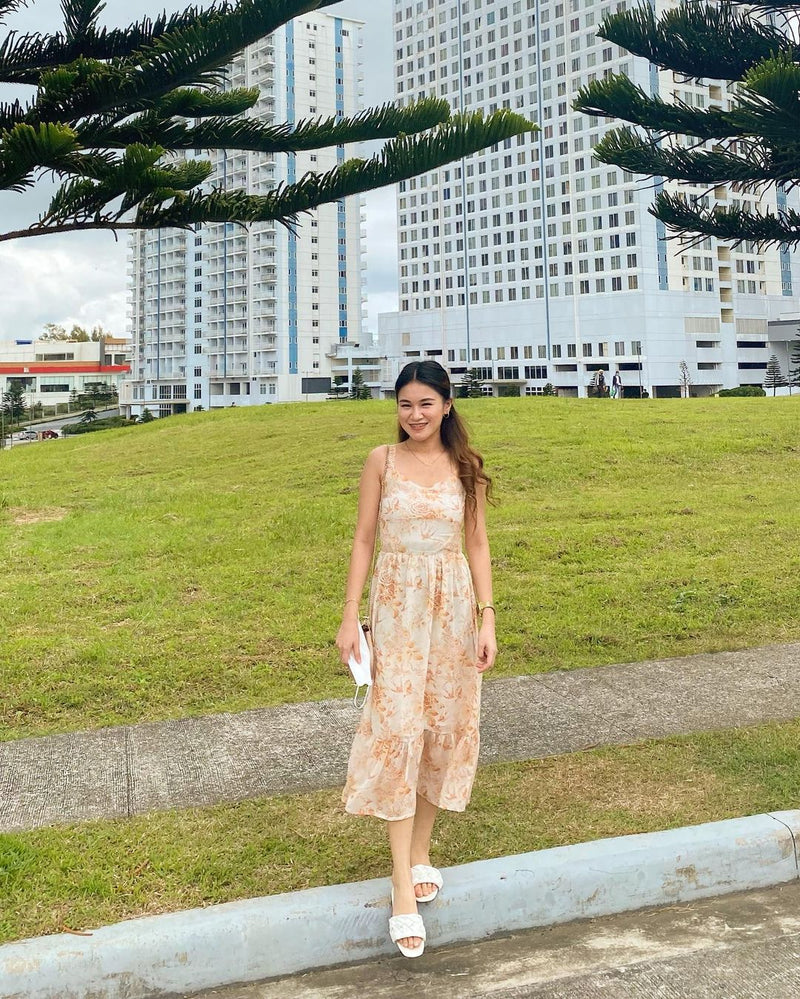 Asia Peach Floral All Over Print VNeck Sleeveless Ruffle Hem Midi Dress