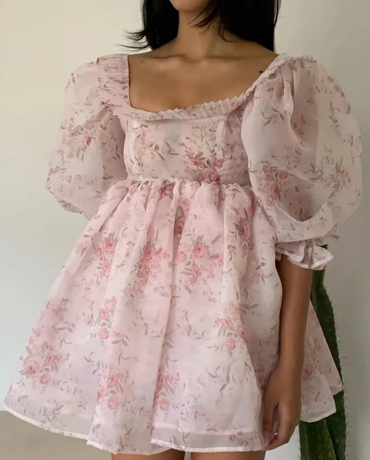 Belle Pastel Pink Floral Pleated Square Neck Mid Sleeves Babydoll Mini Dress