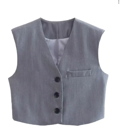 Adina Gray V Neck Sleeveless 3-Button Vest Top