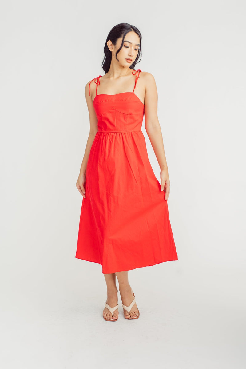 Eve Red Shaped Bust Sleeveless Self Tie Straps Midi Dress