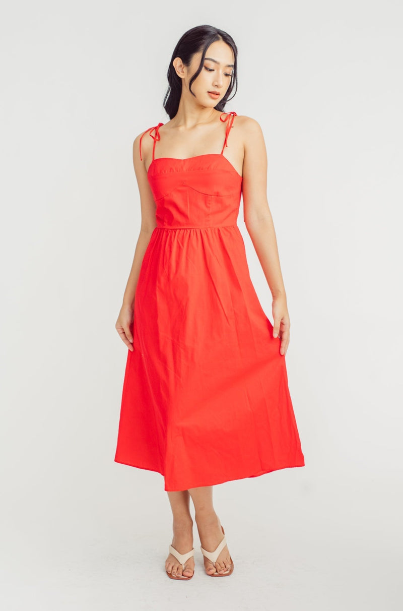 Eve Red Shaped Bust Sleeveless Self Tie Straps Midi Dress