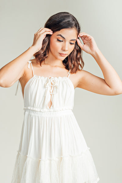 (PRE-ORDER: July 1,2024) Maple Cream Sleeveless Self Tie Sexy Back Layer Mesh Hem Mini Dress