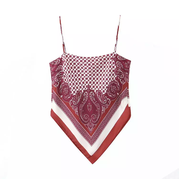 Cyrus Maroon Pattern Paisley Print with White Thick Line Sleeveless Self Tie Bandana Top