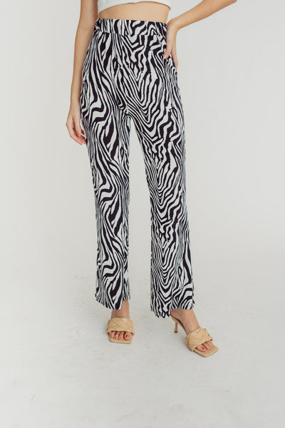 Owen Black and White Animal Print Elastic Waist Flare Pants