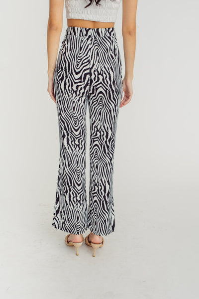 Owen Black and White Animal Print Elastic Waist Flare Pants