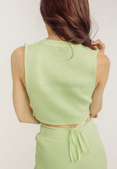 Dahyun Green Knitted Crew Neck Sleeveless Top with Waist Strap