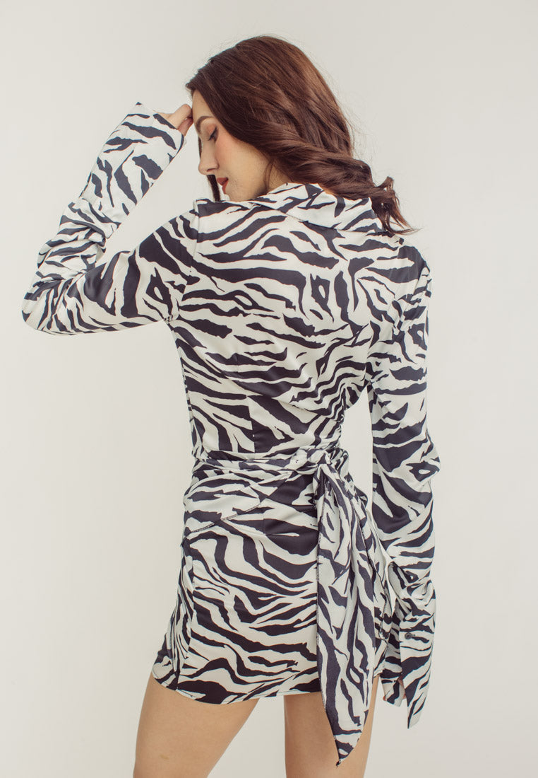 Arlene Zebra Print Tie Waist Collar Long Sleeve Mini Dress
