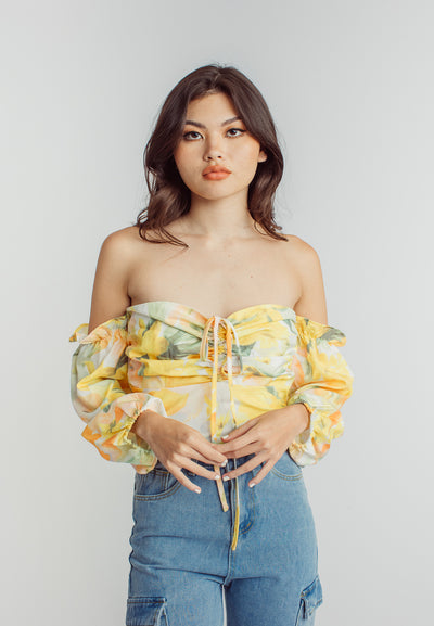 Leslie Multicolor Floral Print Off Shoulder Long Sleeve Crop Top