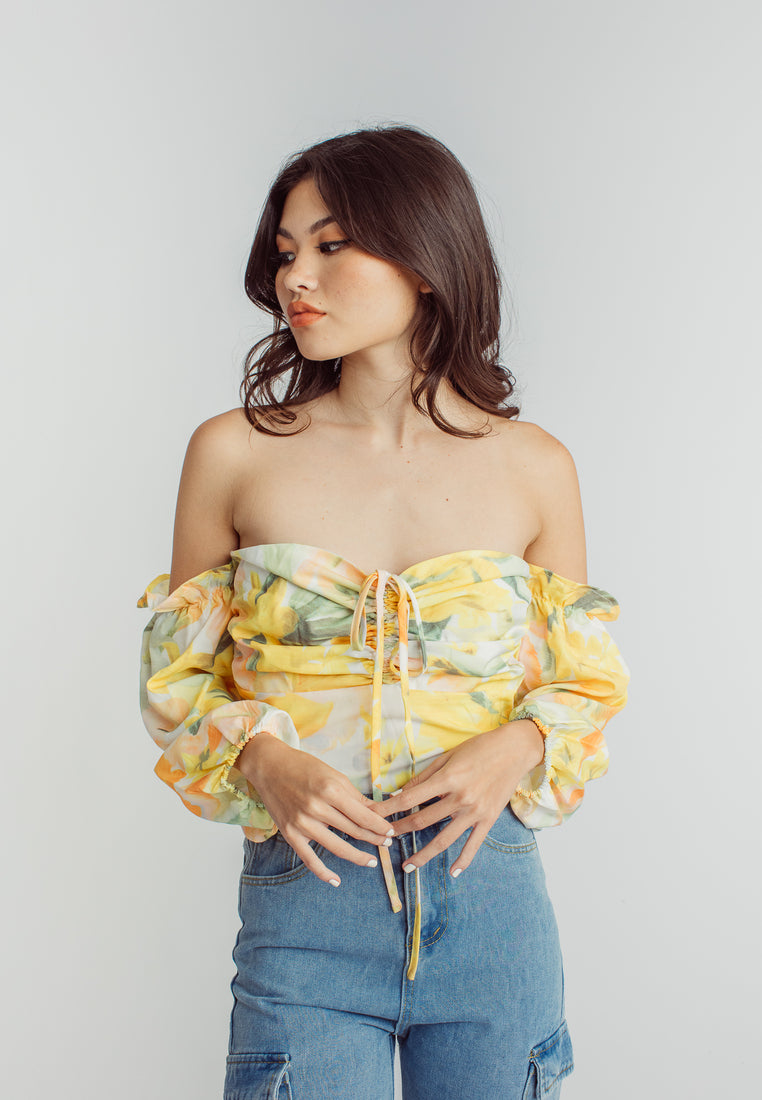 Leslie Multicolor Floral Print Off Shoulder Long Sleeve Crop Top