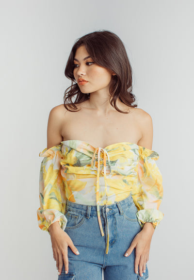 Leslie Multicolor Floral Print Off Shoulder Long Sleeve Crop Top