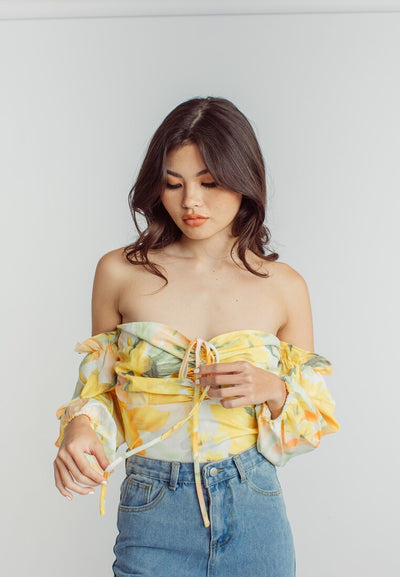 Leslie Multicolor Floral Print Off Shoulder Long Sleeve Crop Top