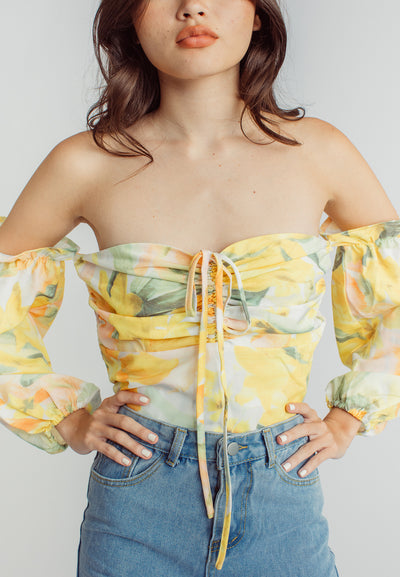 Leslie Multicolor Floral Print Off Shoulder Long Sleeve Crop Top