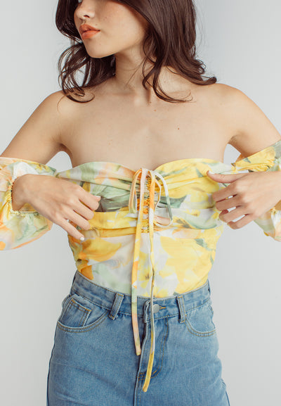 Leslie Multicolor Floral Print Off Shoulder Long Sleeve Crop Top